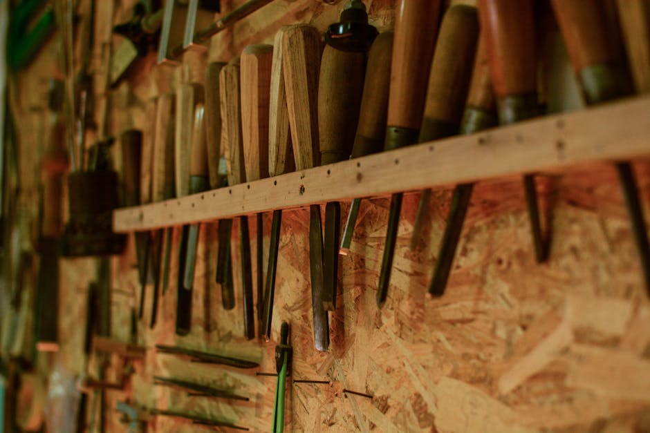Close up of woodworking tools and solid wood grain